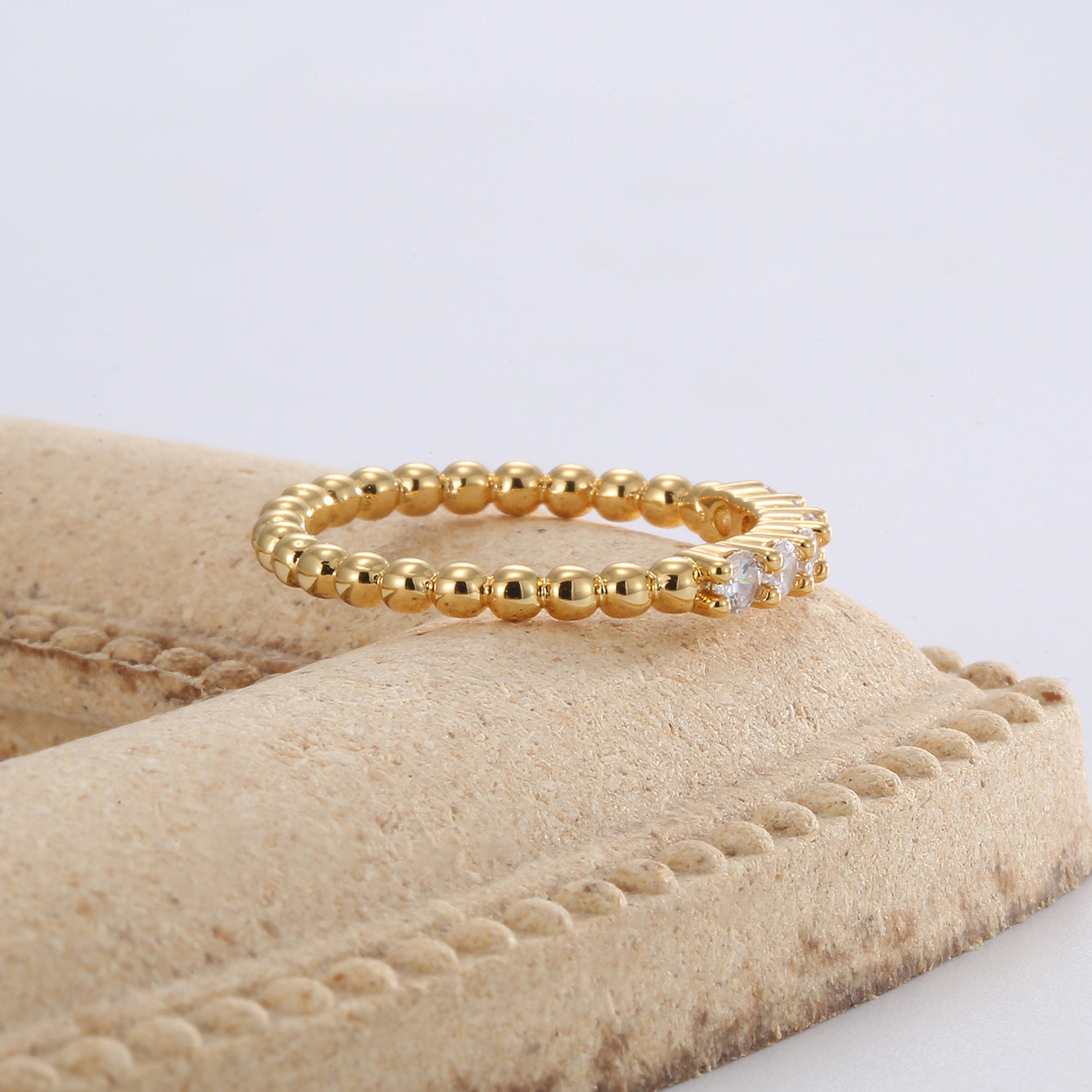 R0392 French-style Small Round Bead Design Gold-plated Ring for Women, Simple Micro-inlaid Zircon Ring
