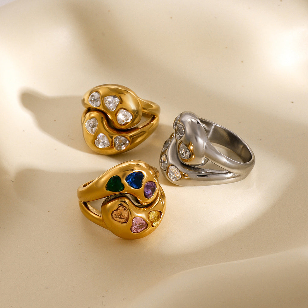 2H Stainless Steel Smooth Ring  Interlocking Water Drop White Heart-Shaped Zircon Ring