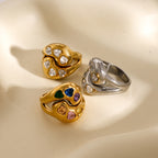 2H Stainless Steel Smooth Ring  Interlocking Water Drop White Heart-Shaped Zircon Ring