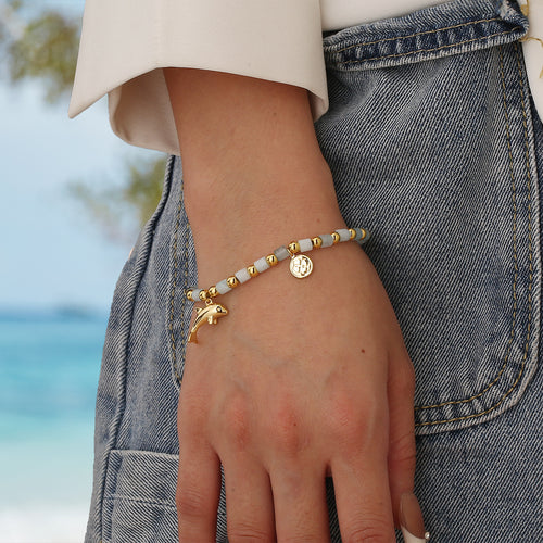 14K Gold-Plated Brass Dolphin Beaded Stone Bracelet with stone design details