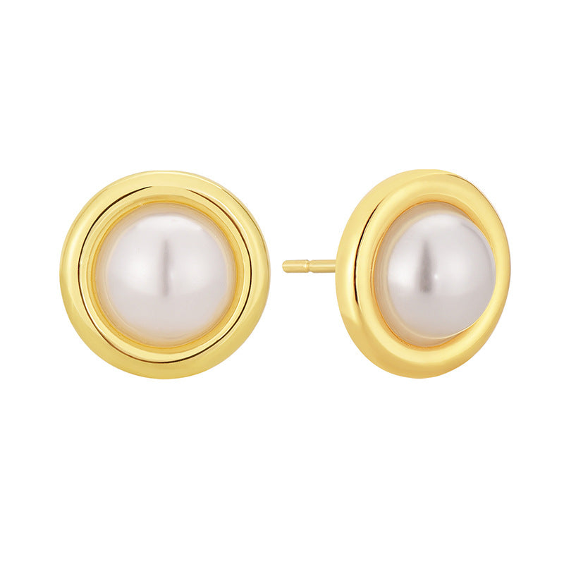 E0662 Simple Fashion Round Cute Earrings for Women Copper Gold Plated Minimalist Style Inlaid Pearl Earrings