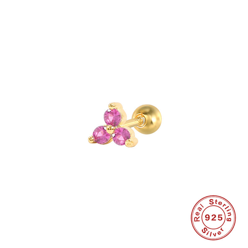 S925Sterling Silver Geometric Triangle Inlaid Diamond Colorful Piercing Threaded Earrings Hot-Selling Mini Ear Bone Stud Earrings for Women