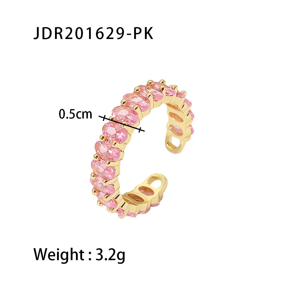 Women's Fashion Versatile Ring Plated18k Gold and Copper Inlaid Zircon Oval Adjustable Open Ring
