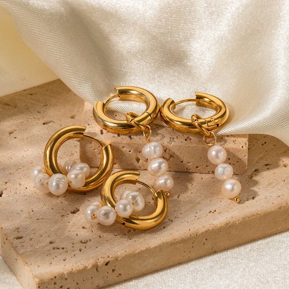 2H  Earrings18K Gold-plated Asymmetric Natural Freshwater Pearl Pendant Hoop Earrings Jewelry