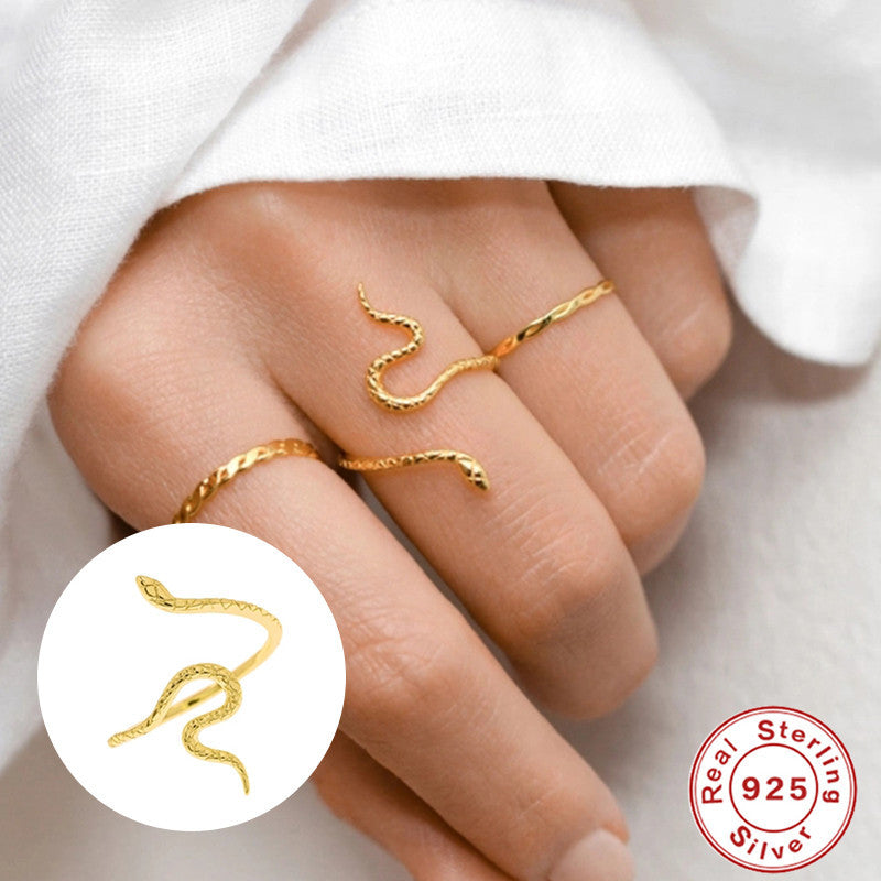 S925Sterling Silver Fun Smooth Snake Index Finger Ring Simple Snake Pattern Trendy18K Gold Open Ring