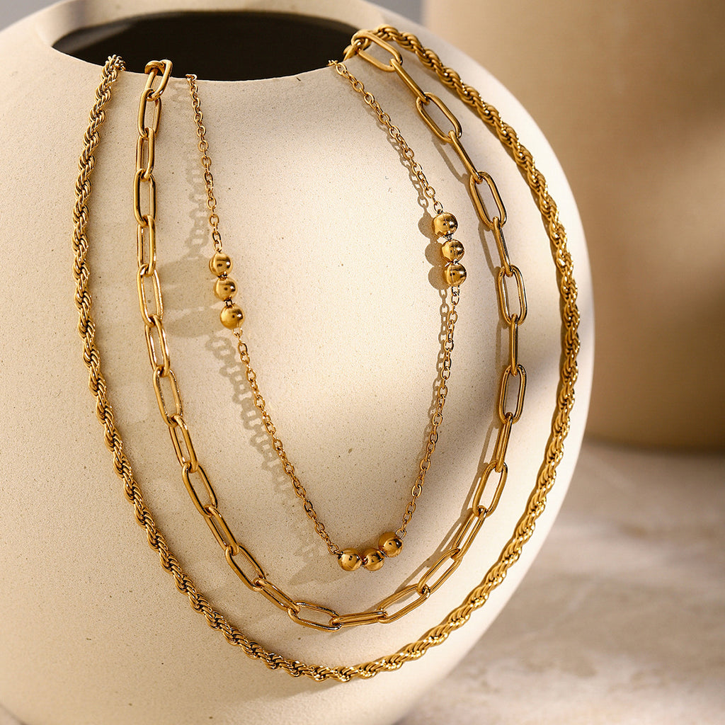 18K Gold Stainless Steel Triple Beaded Loop Chain Braided Chain Three-Layer Necklace Same Style Beach Jewelry