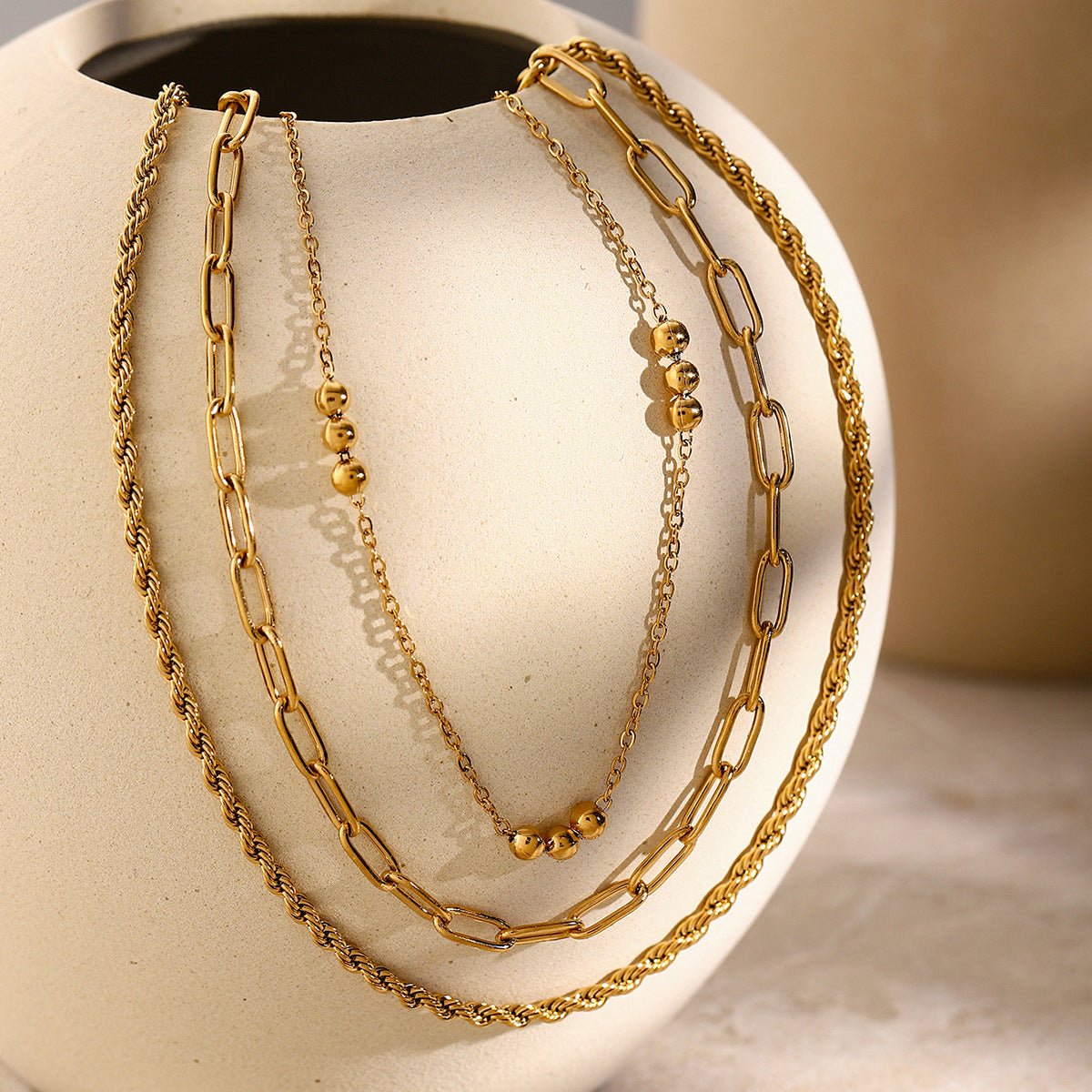 18K Gold Stainless Steel Triple Beaded Loop Chain Braided Chain Three-Layer Necklace Same Style Beach Jewelry