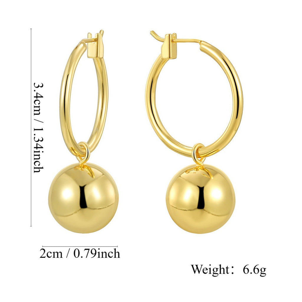 E0788 Simple Round Ball Earrings for Women, Brass Gold-Plated, Elegant Smooth Geometric Large Hoop Earrings