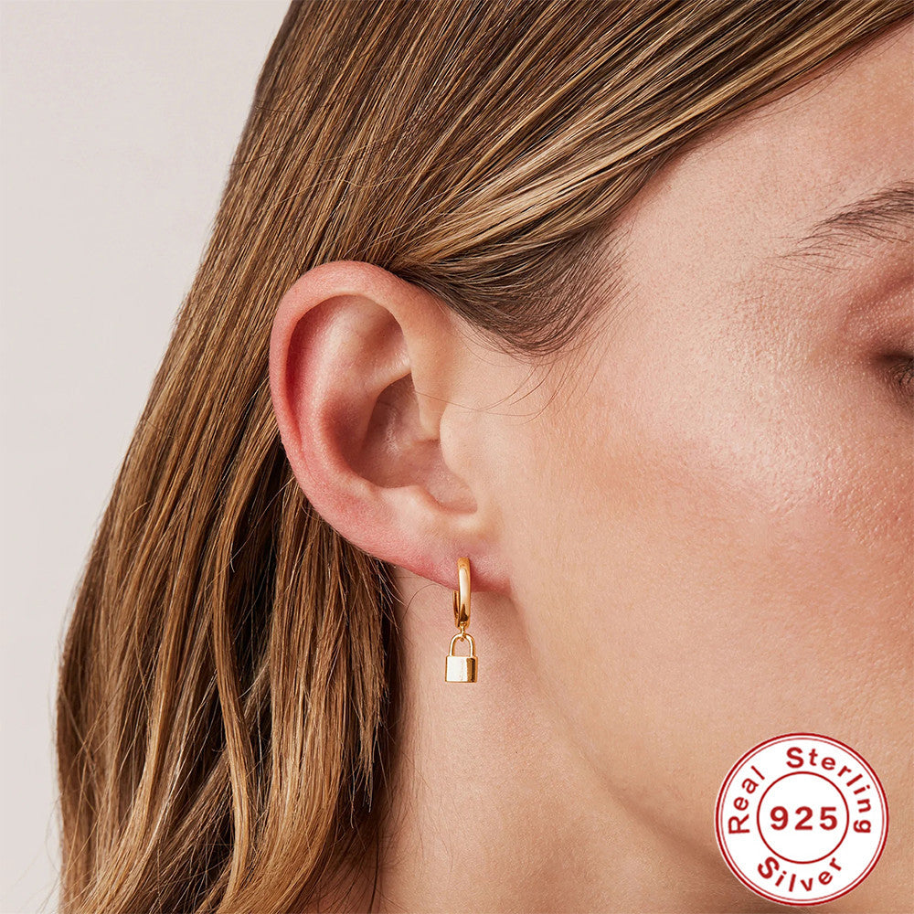 S925Sterling Silver Octagonal Star Geometric Inlaid Diamond Pearl Lock Pendant Earrings Hoop Earrings Ear Clips Trendy Ear Jewelry