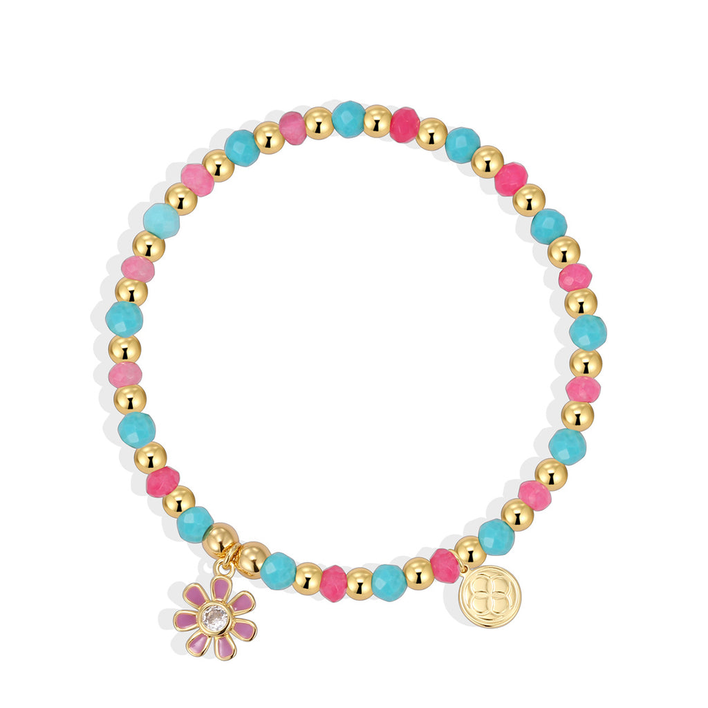B0301 Pink Daisy Inlaid Zircon Bracelet Blue Shell Chalcedony Beads