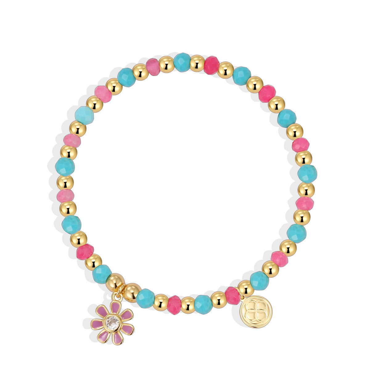 B0301 Pink Daisy Inlaid Zircon Bracelet Blue Shell Chalcedony Beads