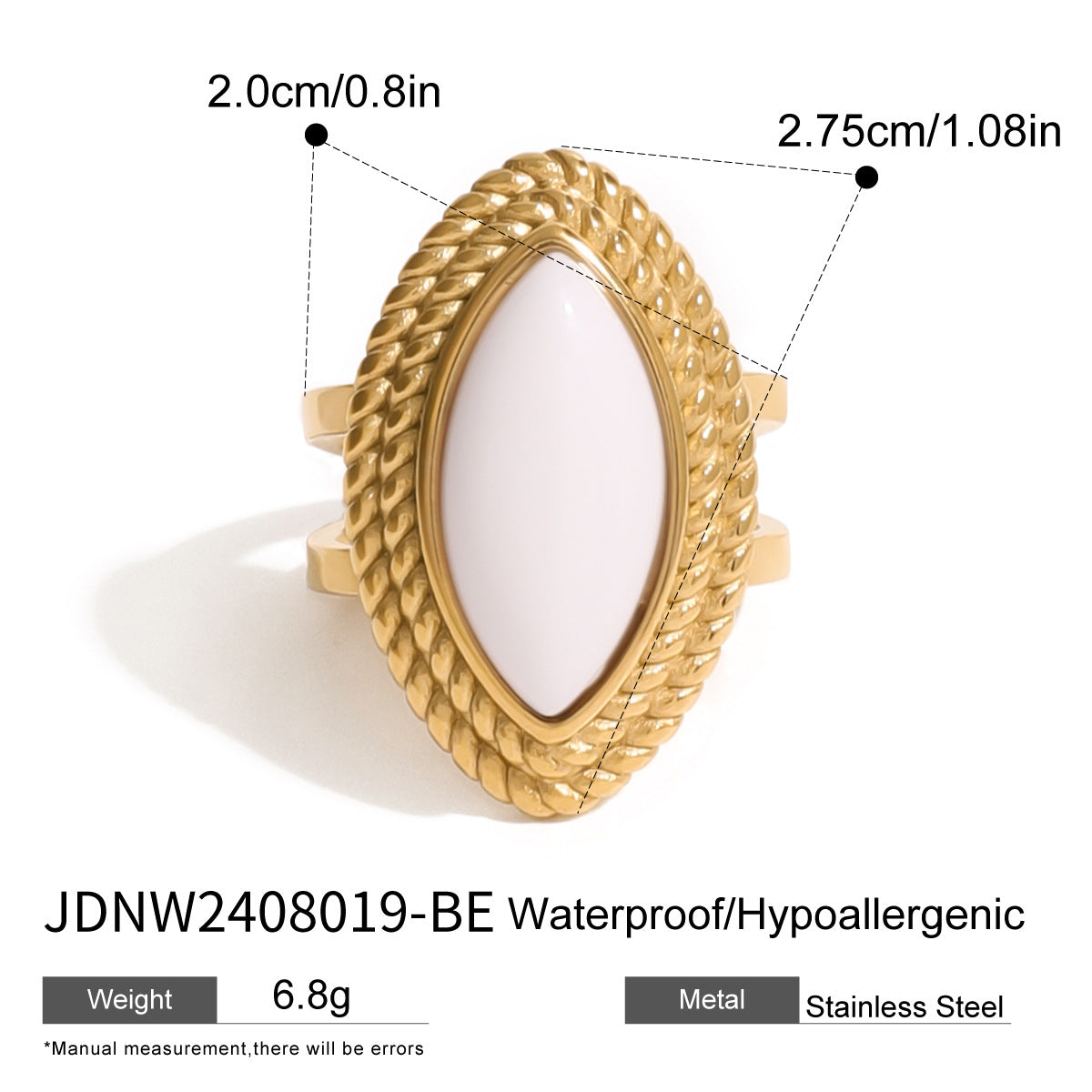 Stainless Steel18K Gold and Black Agate Open Ring Heavy Craft Retro Export Jewelry for Women