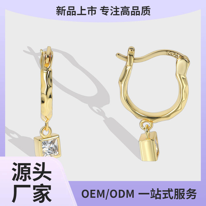 E0354 Ornament Square Diamond Earrings Minimalist Retro Hoop Simple Ear Clips for Women