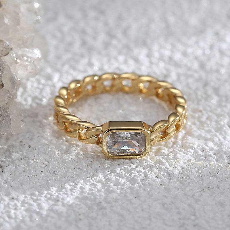 R0585 Trendy Cool Hip-Hop Chain Ring for Women Vintage Square Zircon Inlaid Ring