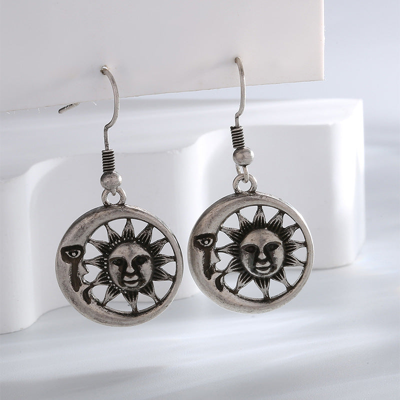 E0712 Design Sense Moon Sun Smiley Face Ear Hooks Ancient silver Cool Style Creative Earrings