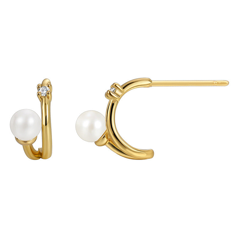E0463 Minimalist Design Style Earrings for Women Fashion Retro Curved Shell Pearl Zircon Earrings