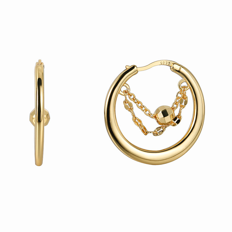 E0408 Brass Gold-Plated Faceted Bead Hoop Earrings for Women Chain Hollow Round Ear Jewelry