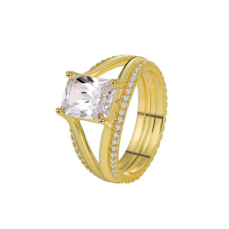 R0387 Simple Design Ring for Women, Brass with Gold Plating and Square Zircon Inlay