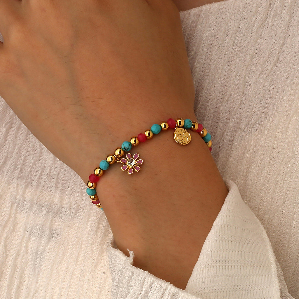 B0301 Pink Daisy Inlaid Zircon Bracelet Blue Shell Chalcedony Beads