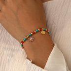 B0301 Pink Daisy Inlaid Zircon Bracelet Blue Shell Chalcedony Beads