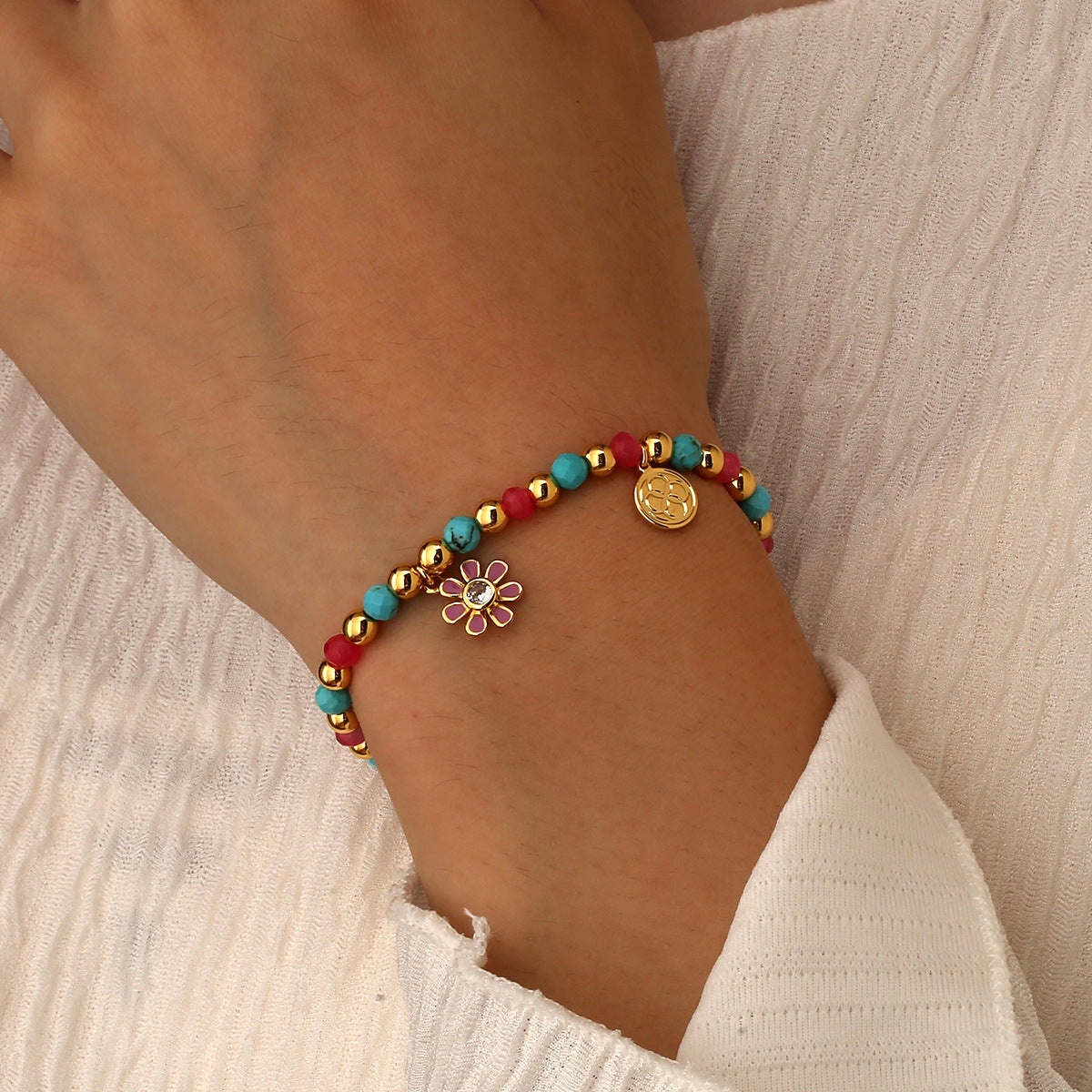 B0301 Pink Daisy Inlaid Zircon Bracelet Blue Shell Chalcedony Beads