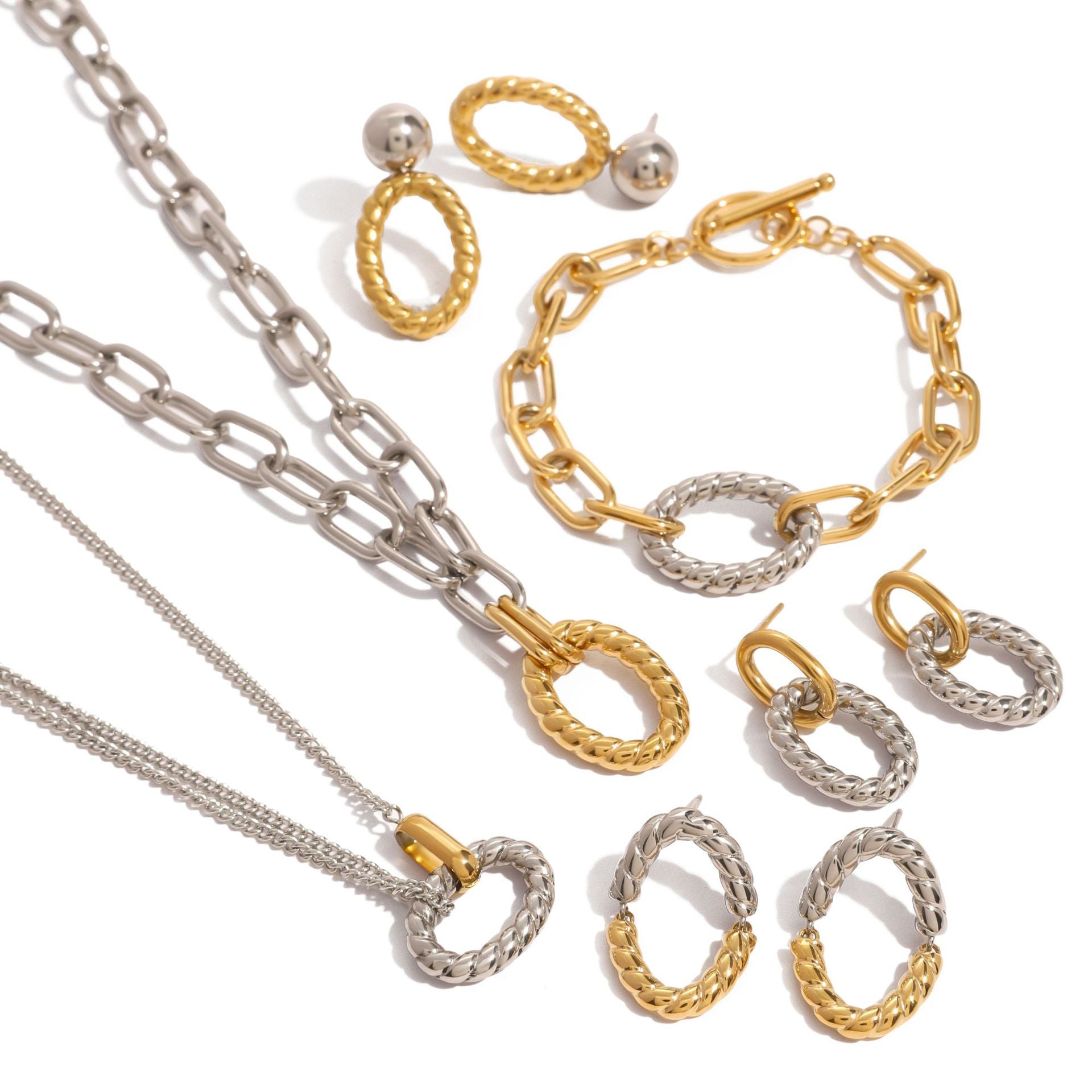 Stainless Steel Circle Geometric Necklace Bracelet Contrast Color Earrings Jewelry