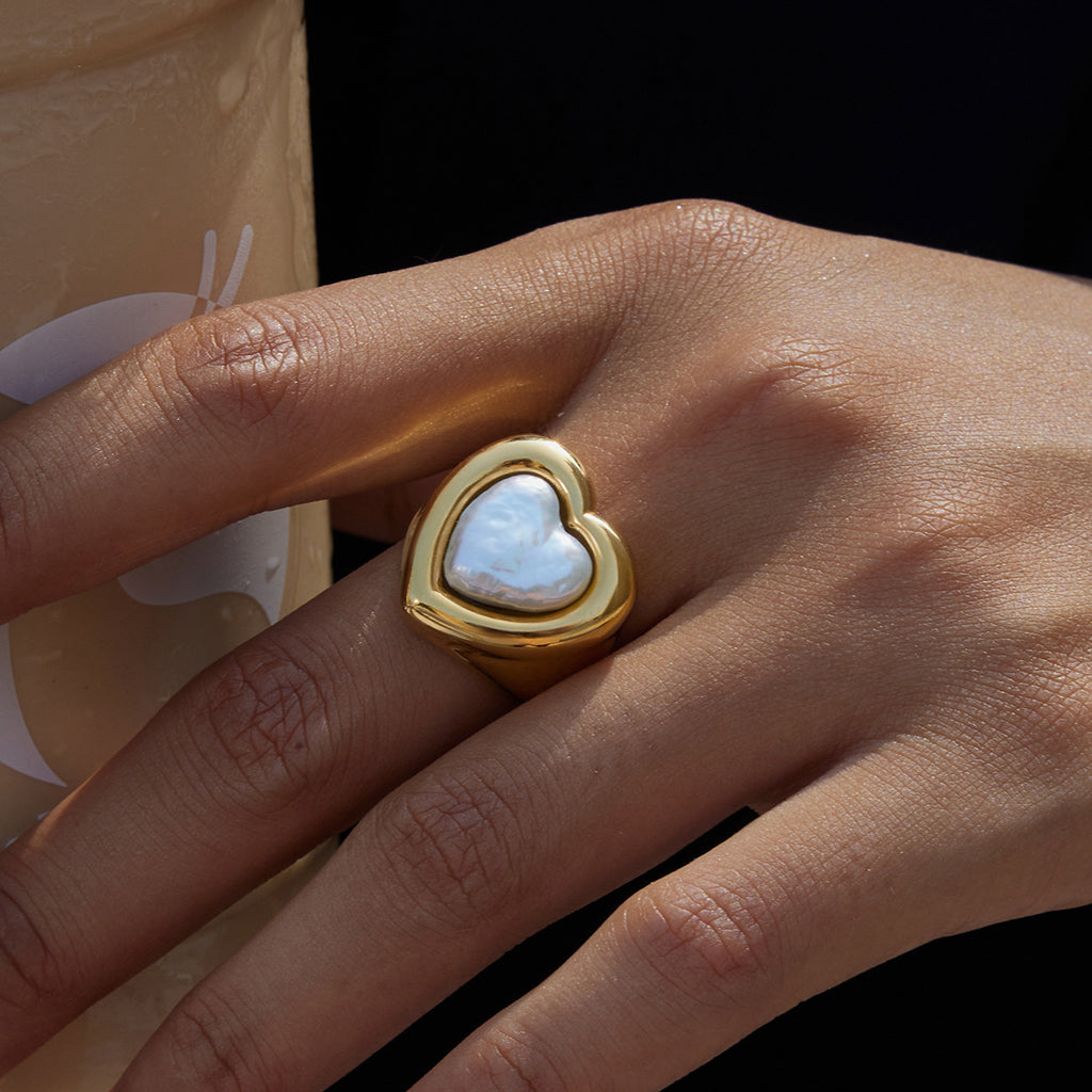 2H Heart-shaped Pearl Ring Jewelry18k Gold Stainless Steel Jewelry