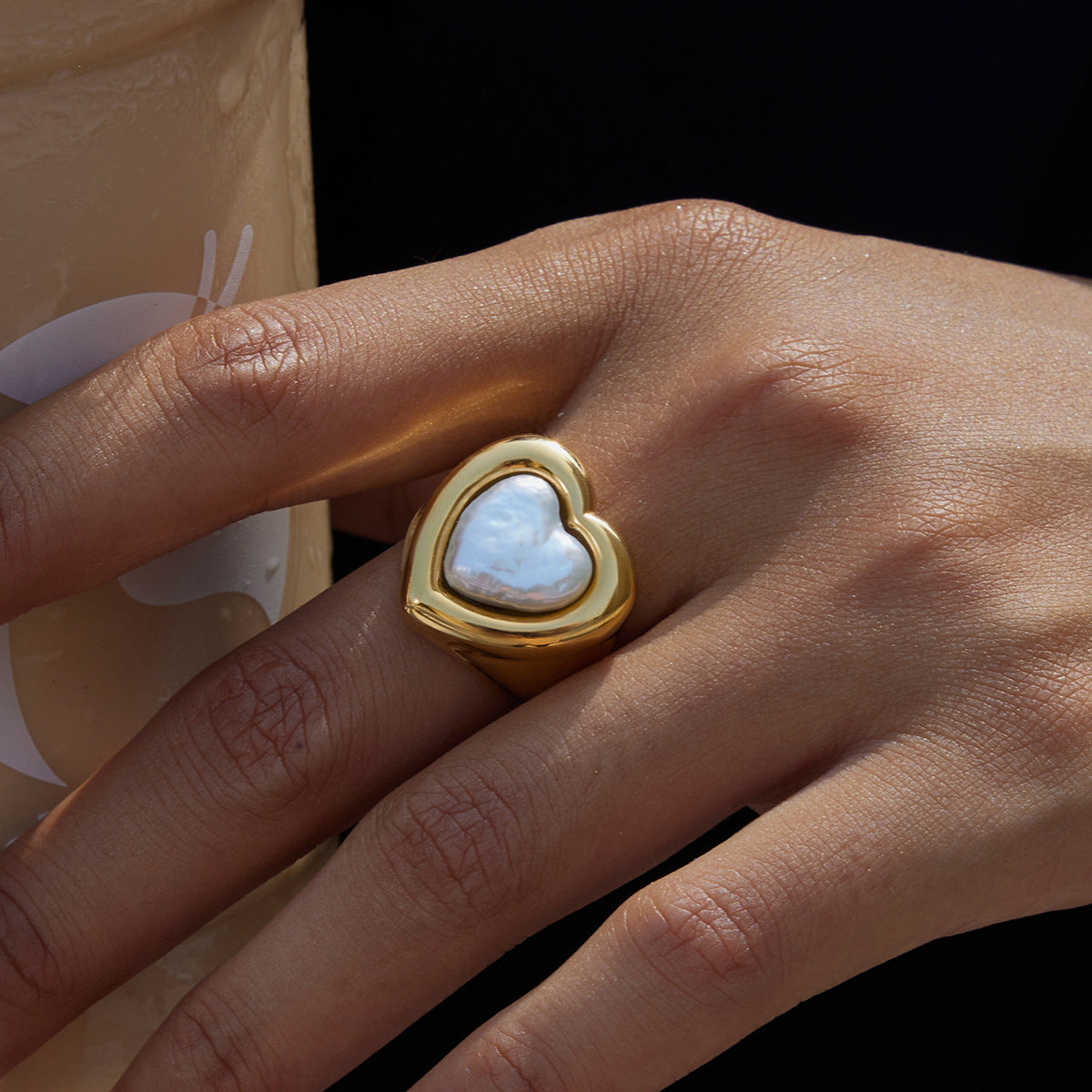 2H Heart-shaped Pearl Ring Jewelry18k Gold Stainless Steel Jewelry