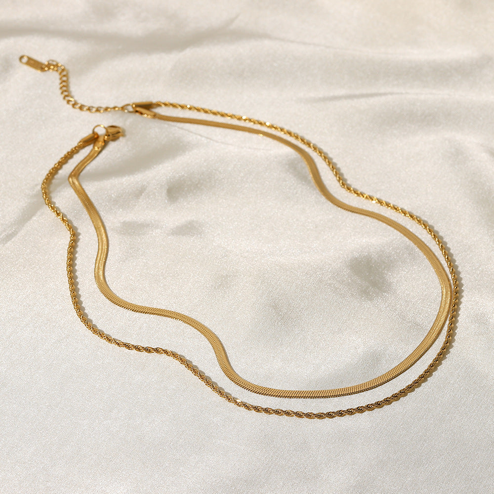 Classic Simple Necklace Jewelry18K Gold-Plated Blade Chain Flat Snake Chain Braided Chain Double-Layer Necklace Jewelry for Women