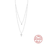 S925 Sterling Silver Dual Layer Cross Moon Necklace With Diamonds