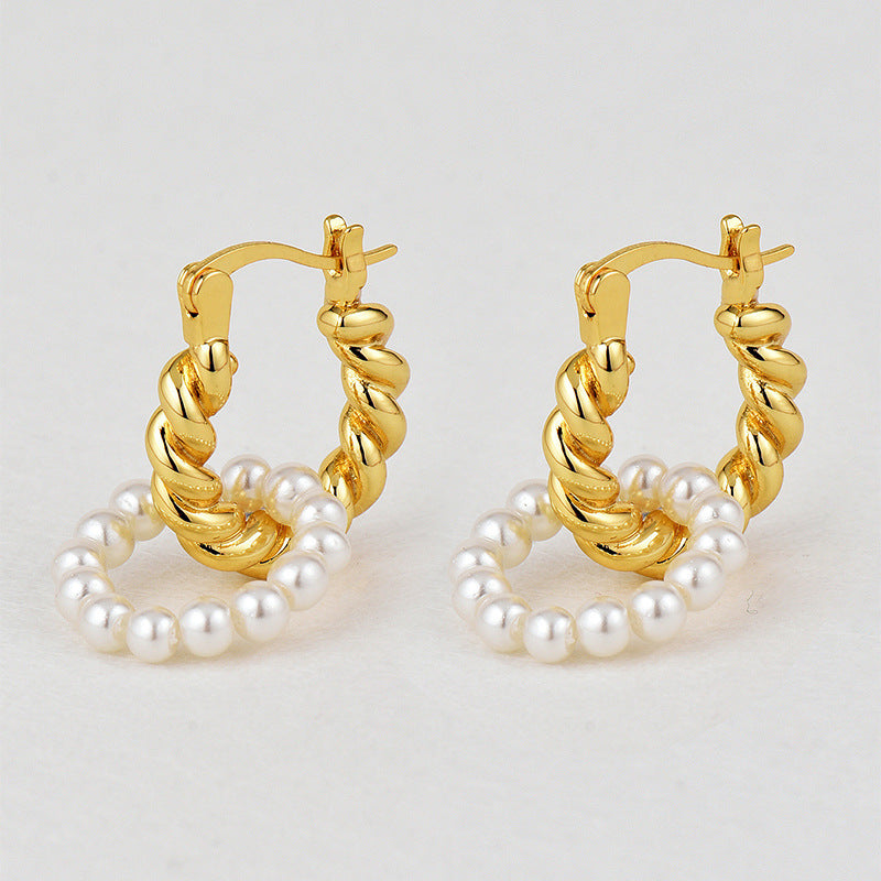 E0696 Fashion Baroque Vintage Earrings for Women Brass Gold-Plated Braided Pattern Shell Pearl Earrings