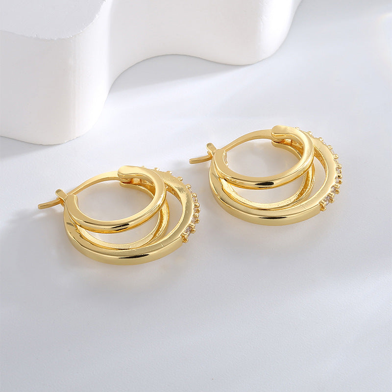 E0525 Fashion Geometric Three-Circle Earrings for Women, Copper Gold-Plated with Micro-Inlaid White Zircon, Elegant Ear Jewelry
