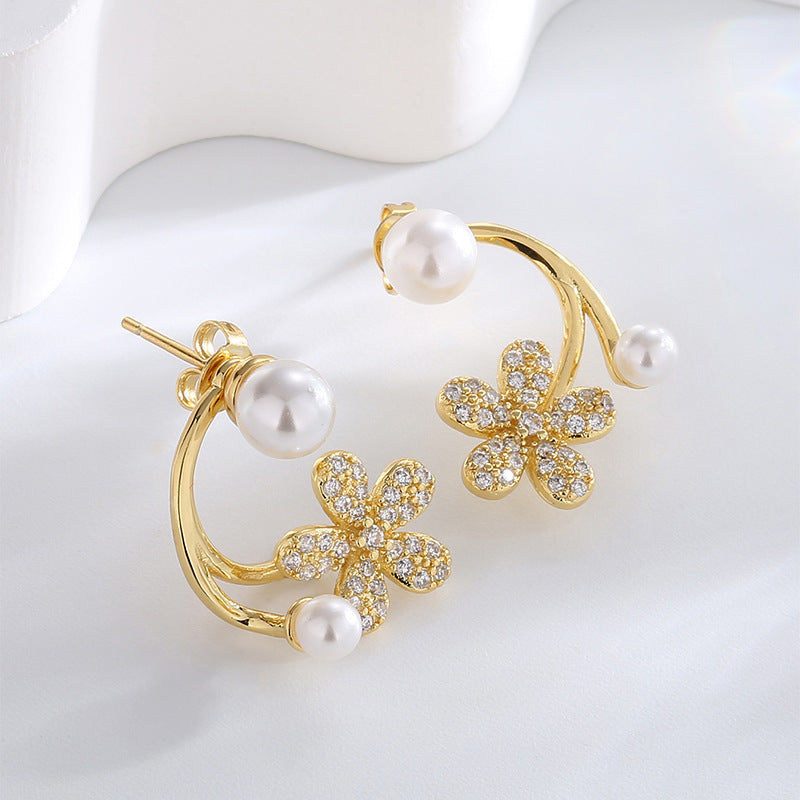 E0711 Fashion Flower Micro Inlaid Zircon Earrings for Women Simple Style Pearl Earrings