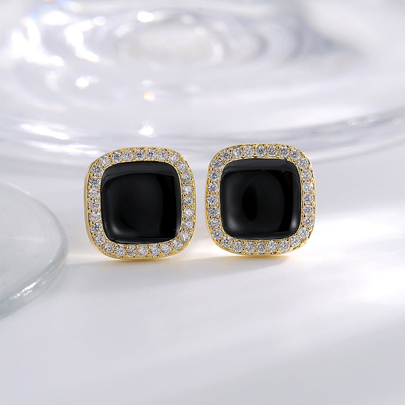 E0715 Korean Style Black Square Epoxy Stud Earrings for Women Simple Fashion Micro Inlaid Zircon Earrings