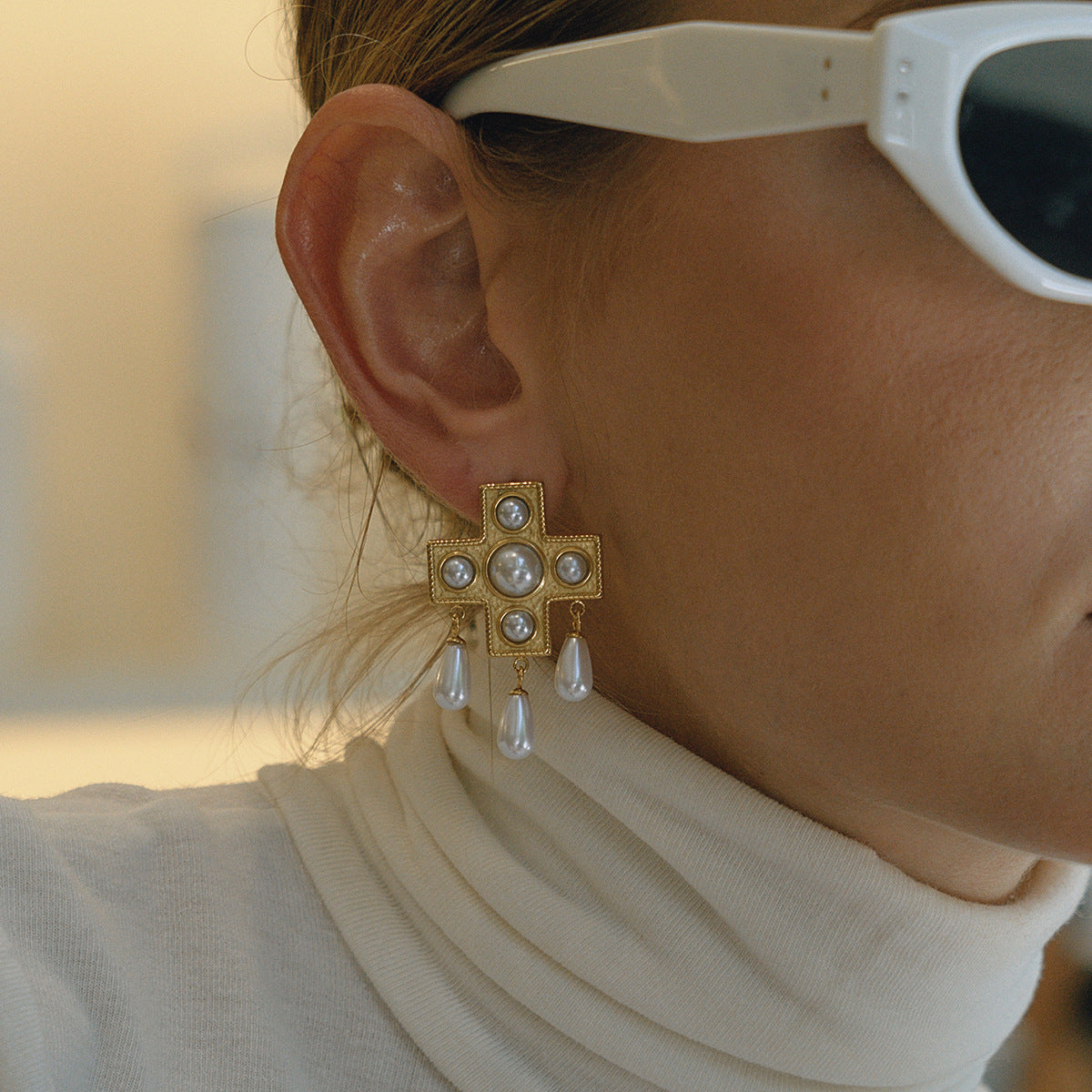 Cross Imitation Pearl Earrings Non-Fading Jewelry for Women Stainless Steel