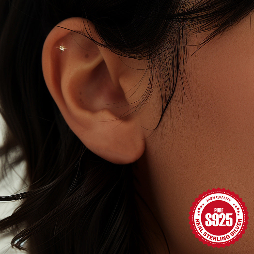 925Sterling Silver Style Inlaid Diamond Octagonal Star Heart Flat Head Soft Bone Piercing Ear Bone Stud New Threaded Earrings