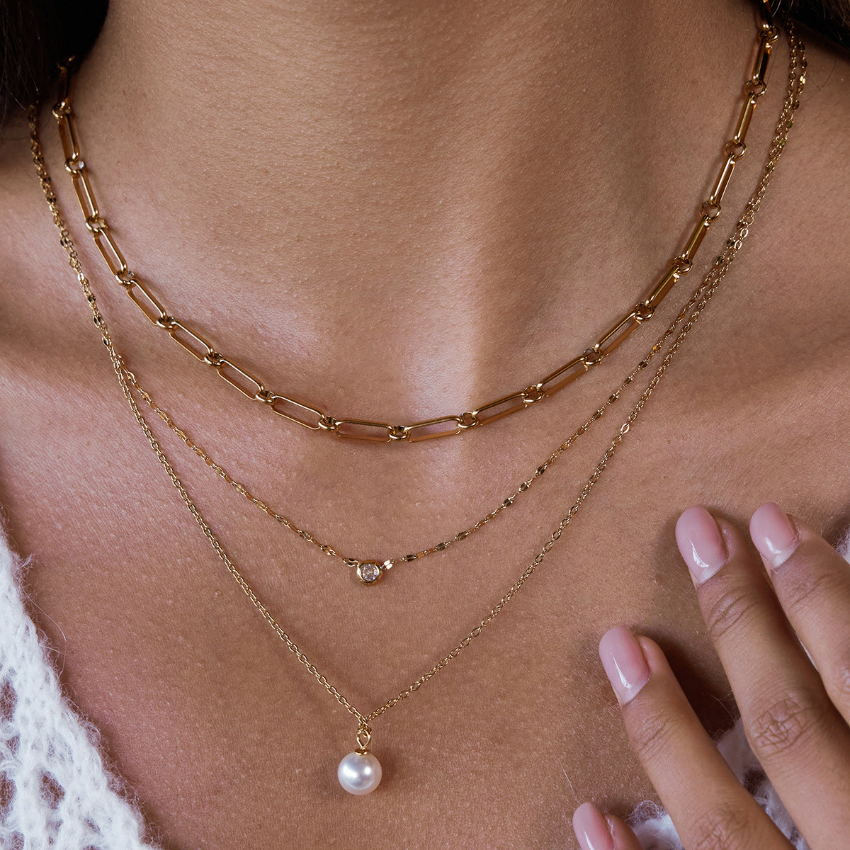 2H Imitation Pearl Necklace Collarbone Chain Stainless Steel Jewelry Zircon Jewelry