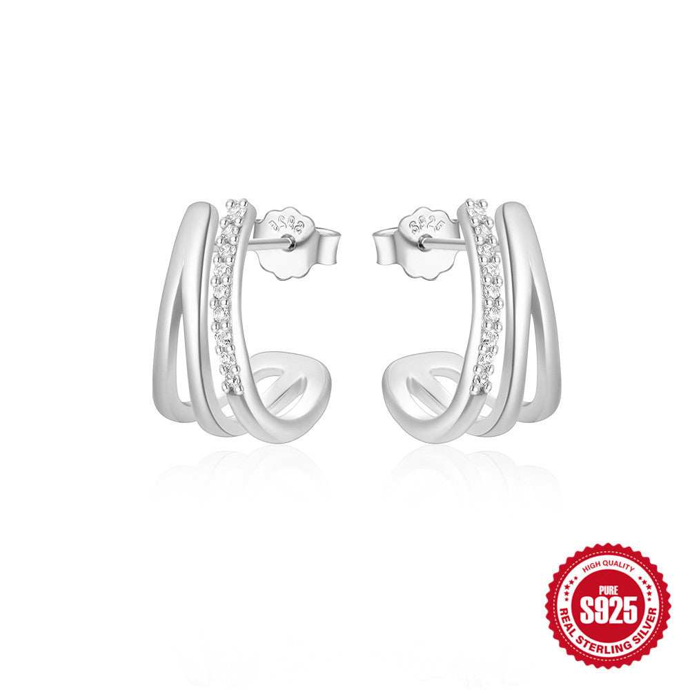 925Sterling Silver C Wave Shape Single Row Diamond Stud Earrings Hoop Earrings Hot Selling Classic Irregular Earrings