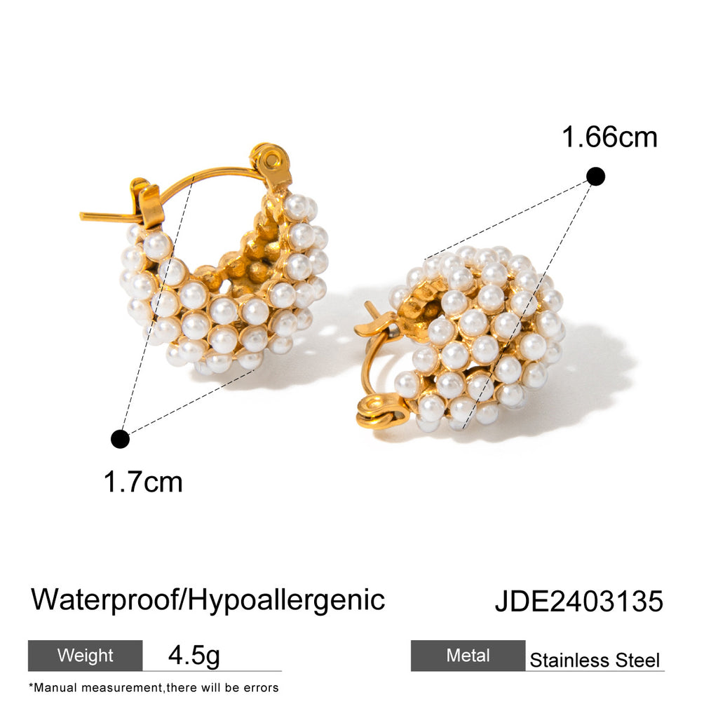 18k Gold Stainless Steel/Hollow Basket Inlaid Rhinestone Earrings Unique Design Fashion Shell Pearl Earrings for Women