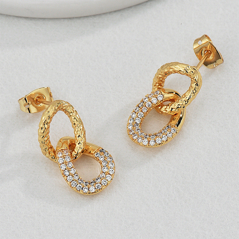 E0653 Fashion Retro Double Hoop Earrings for Women Simple Micro Inlaid White Zircon Exquisite Drop Earrings