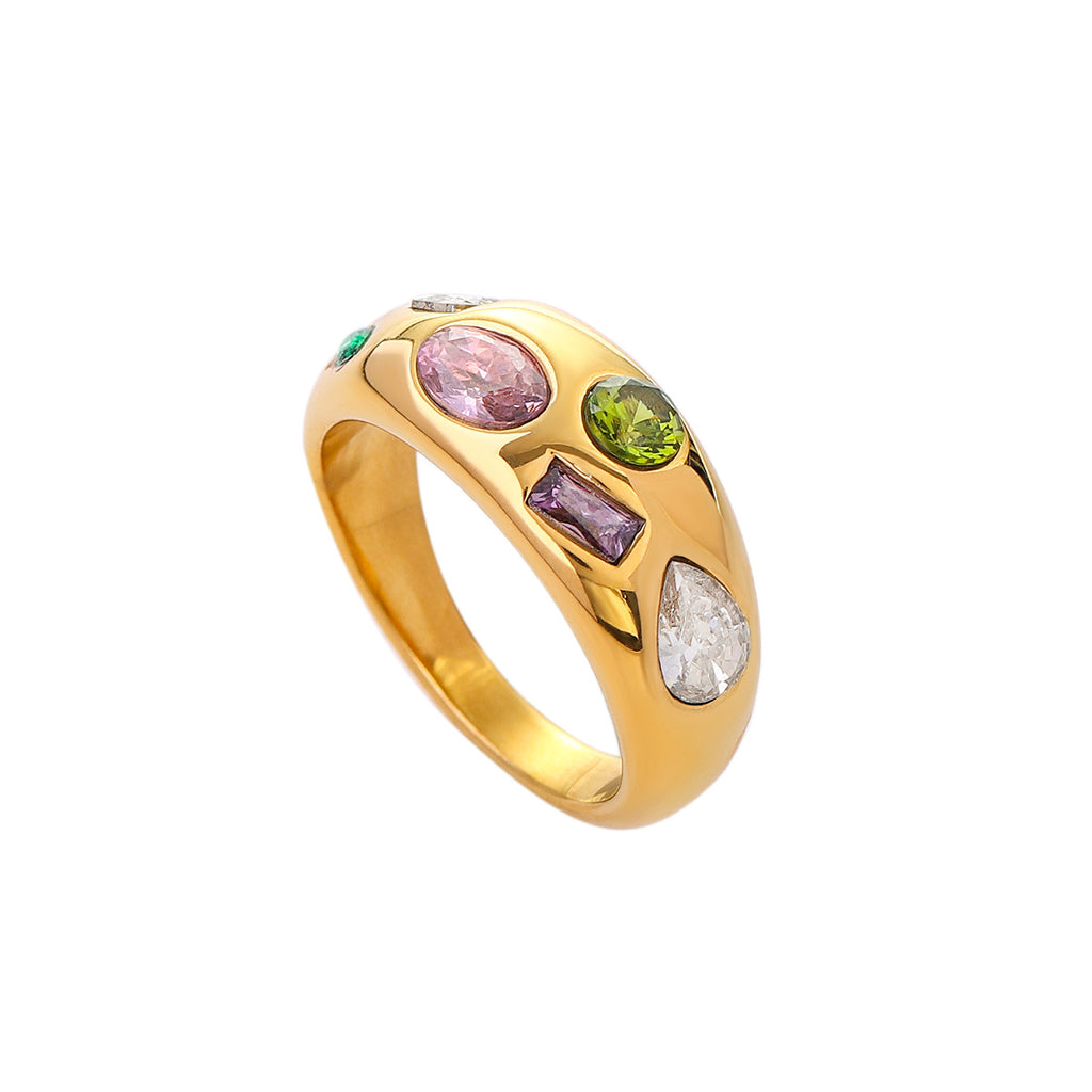 Trendy18k Gold Stainless Steel Inlaid Colorful Zircon Ring7No. New