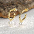 E0380 Real Gold Plated Unique Braided Design C Word Earrings Shell Pearl Stud Earrings for Women Sweet Ear Jewelry