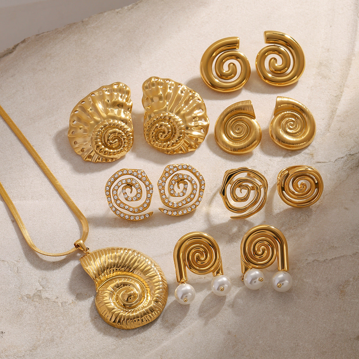 Stainless Steel Conch Necklace Pearl Stud Earrings Zircon Earrings Ring Jewelry