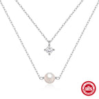 S925 Sterling Silver Double Layer Pearl Necklace With Four Prong CZ