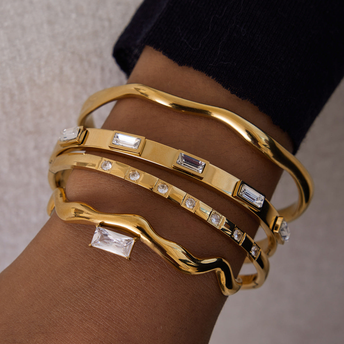 Zircon Bracelet for Women, Non-Fading Open Bangle, Stainless Steel Jewelry