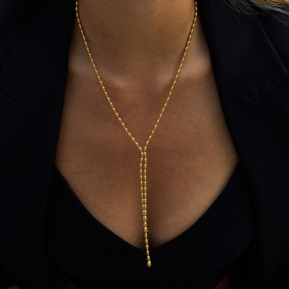 Stainless Steel Rice Bead Tassel Y Chain Necklace Accessories for Women