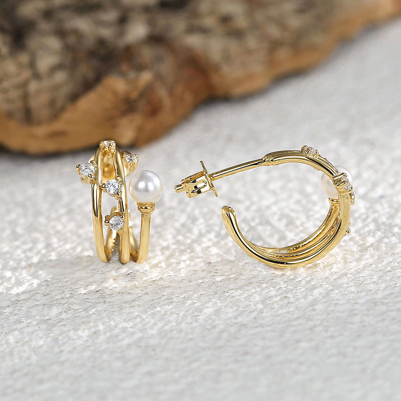 E0371 Design Geometric Earrings Three-Hoop Round Hoop Earrings Pearl Hong Kong Style Metal Stud Earrings Hoop Earrings