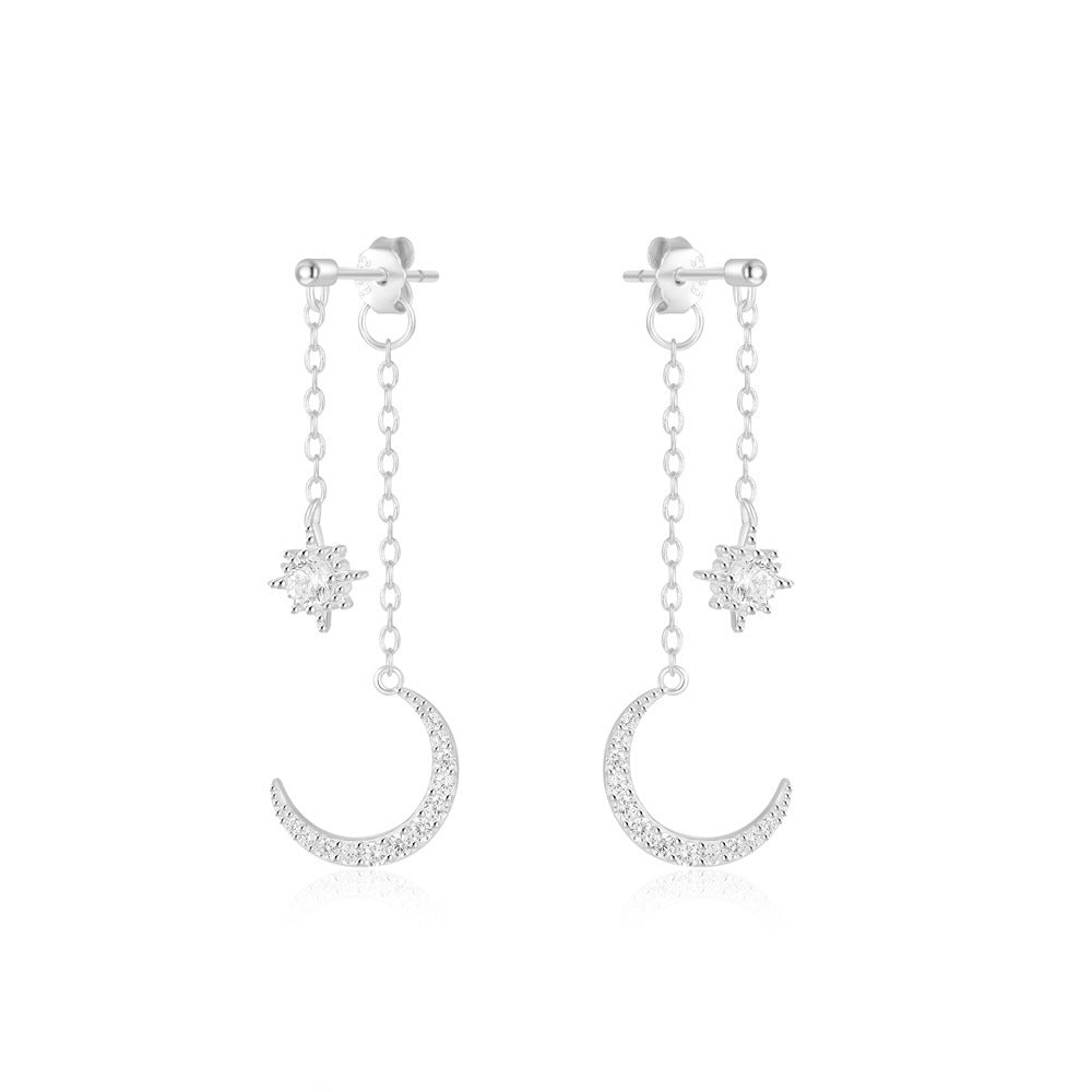 S925Sterling Silver Chain Tassel Star Moon Diamond Earrings Stud Earrings Korean Style Hot Selling Bright Silver Earrings