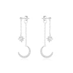 S925Sterling Silver Chain Tassel Star Moon Diamond Earrings Stud Earrings Korean Style Hot Selling Bright Silver Earrings