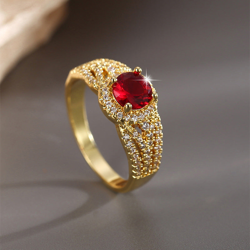 R0400 Fashion Inlaid Red Zircon French Exquisite Ring for Women Copper Plated Real Gold Micro Inlaid White Zircon Ring